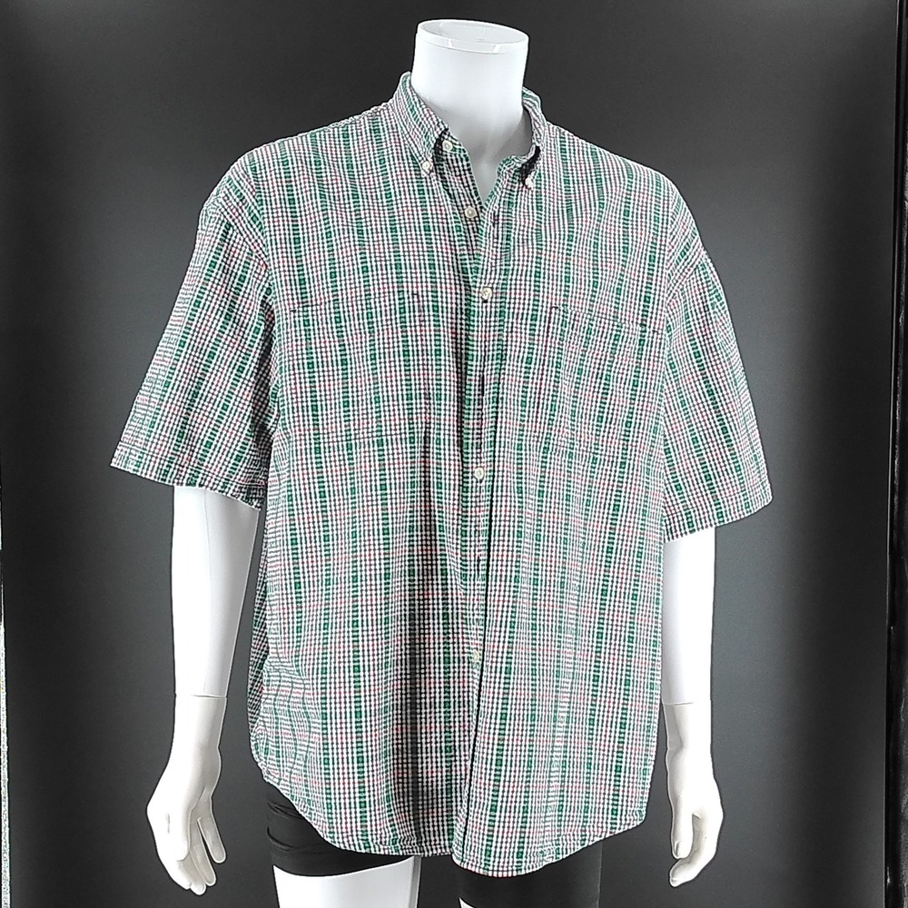 Eddie Bauer Mens XXL Plaid Short Sleeve Button Down Shirt Cotton Green Red Blue